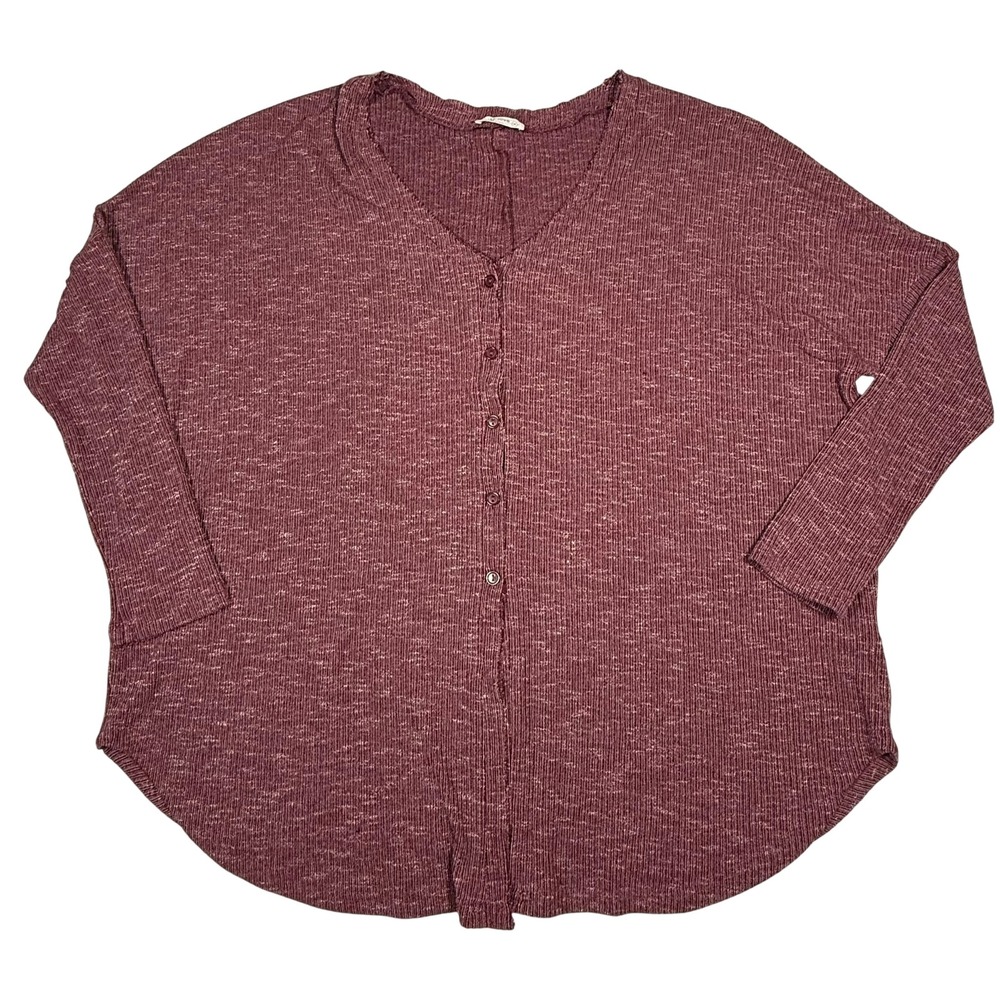 Miss Love Burgundy Marled Ribbed Knit Button Front V Neck Long Sleeve Top Medium